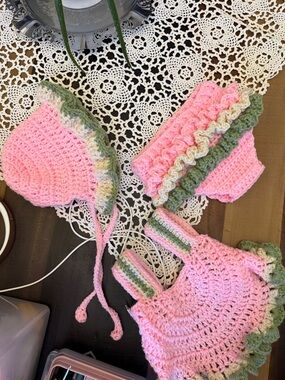 Handmade Pink Crochet Baby Set with Green & Cream Trim